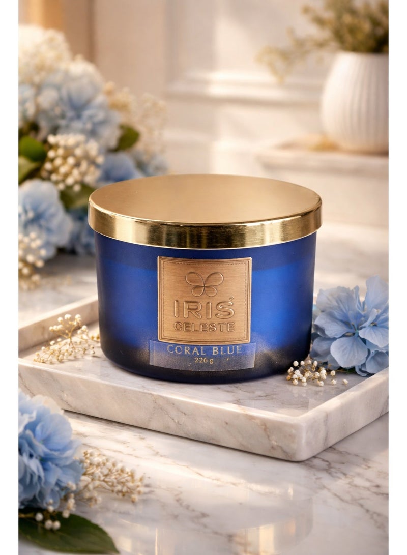 IRIS CELESTE Coral Blue Jar Candle with lid - 226grams, 3 Wick Scented Candle 8oz | Cal RefreshingFragrance | Perfect for festivities, Gifting, Ceremonies, Meditation & Room Perfuming - Image 1